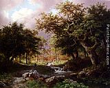 Wooded Canvas Paintings - A Wooded Landscape With Figures Along A Stream